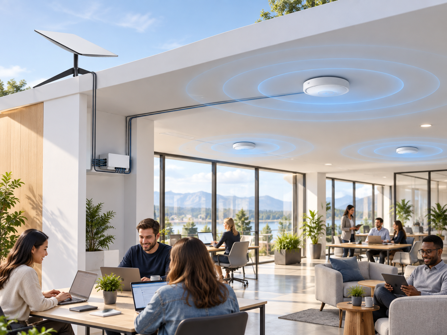 Modern workplace with Starlink-fed enterprise Wi-Fi coverage
